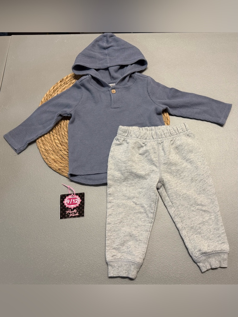 Carter's Blue Hooded Waffle Pullover & Light Gray Joggers Set